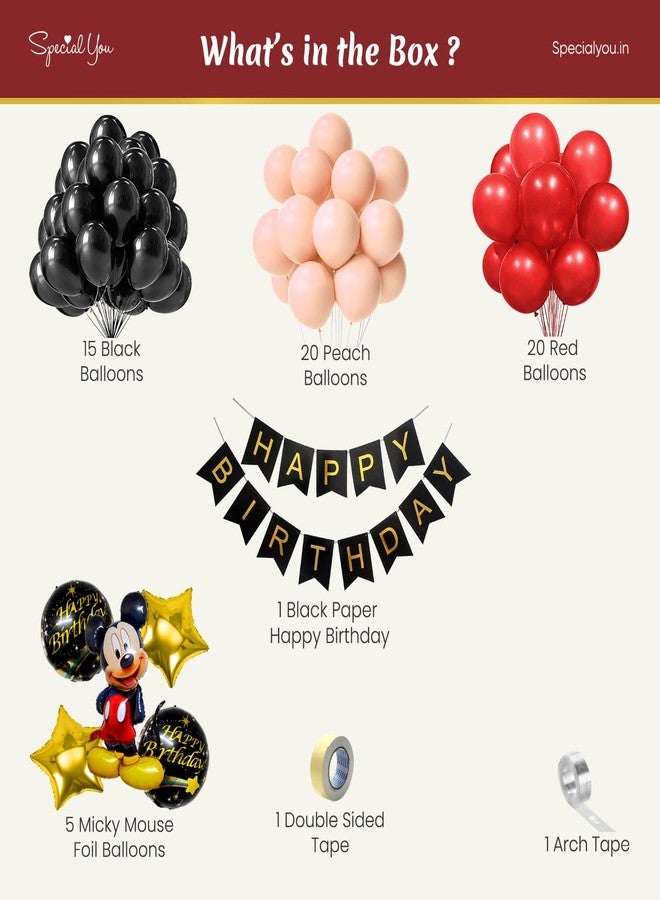 SpecialYou.in مجموعة مميزة من 63 قطعة لتزيين حفلات أعياد الميلاد بتصميم ميكي ماوس: مجموعة بالونات فويل، لافتة عيد ميلاد سعيد باللونين الأسود والخوخي، بالونات سوداء وحمراء. - Image 2